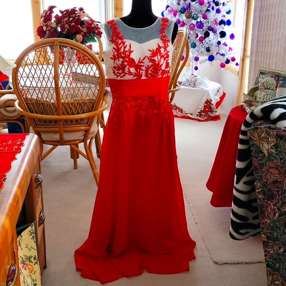 Custom gown in red and white.